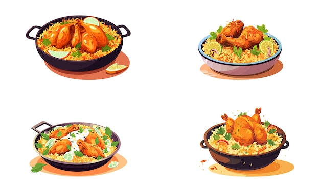 Set of hot and spicy chicken biryani with roasted pieces and lemon illustration on isolated white background