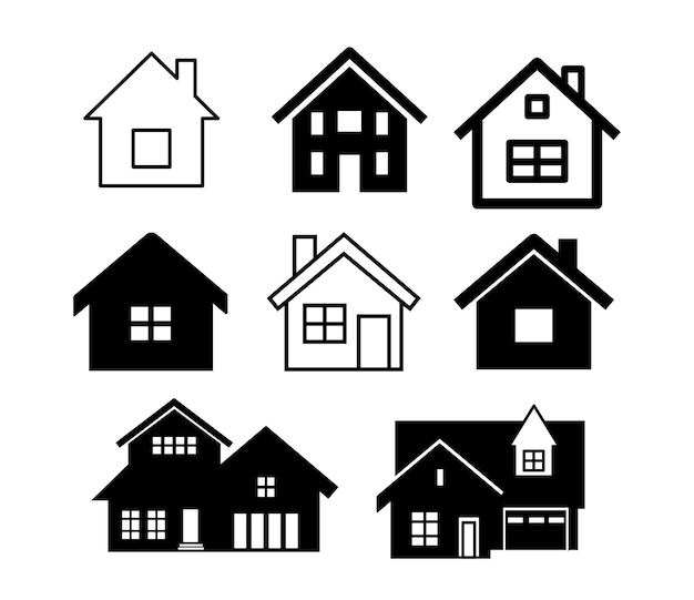 Set of house icons Suburban real estate sign of house with pipe in the outline style Vector silhouette of building isolated on white background