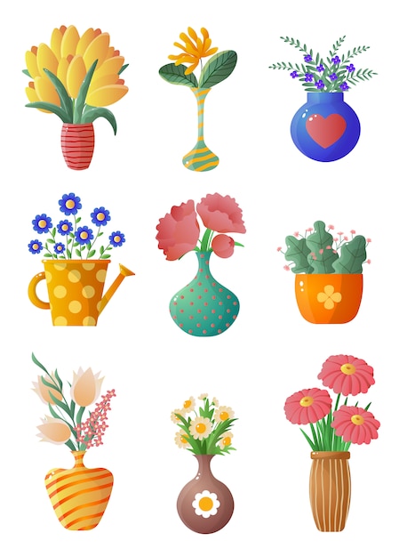 Set of house plants and flowers in pots and vases