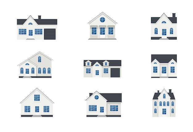 Set of houses Urban and suburban cottage town house Exterior front view Isolated vector illustration