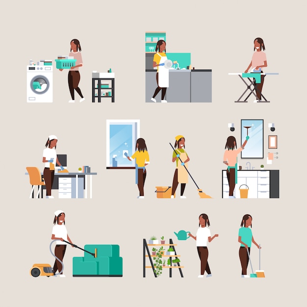 Vector set housewife doing housework different housecleaning concepts collection   female cartoon characters full length