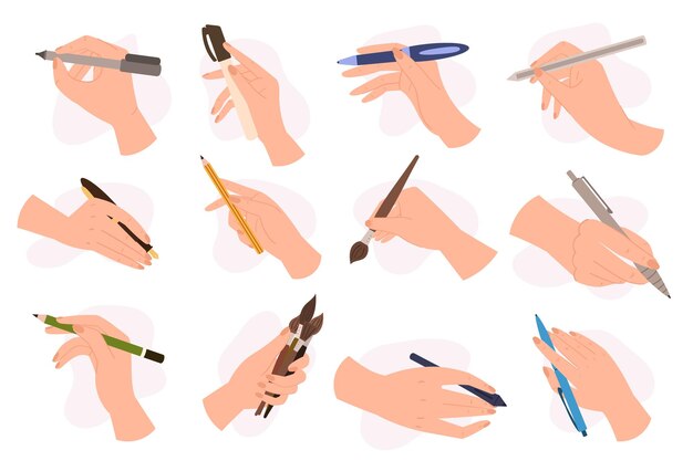 Vector set of human hands holding various writing tools such as pencil pen or marker quill pen and paintbrush