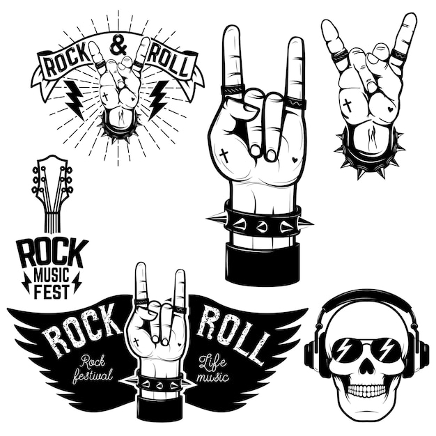 Vector set of the human hands with rock and roll symbol rock and roll festival design elements for poster