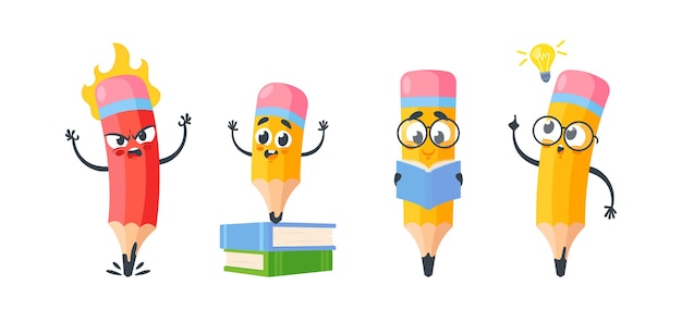 Set of Humanized Funny Pencils Cartoon Character in Glasses Read Book Angry and Happy Personages Smart Pencil with Creative Idea Light Bulb Isolated on White Background Vector Illustration