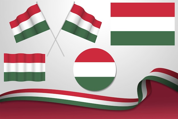 Set Of Hungary Flags In Different Designs Icon Flaying Flags With ribbon With Background