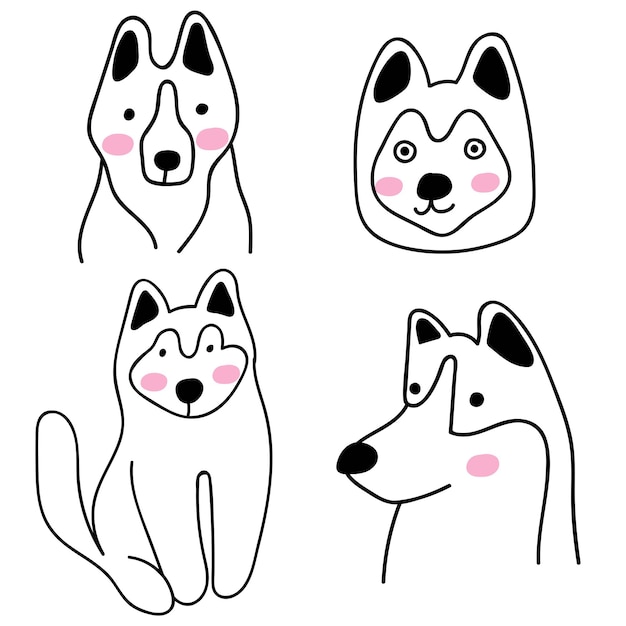 Set of Husky dogs Outline vector icon illustrations on white background