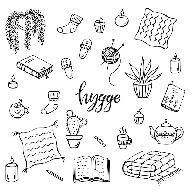 Set of hygge elements Hand drawn vector illustration Cozy things isolated on a white background