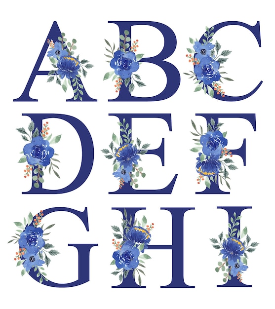 Set of A  I Watercolor Blue Florals Alphabet Letters Design