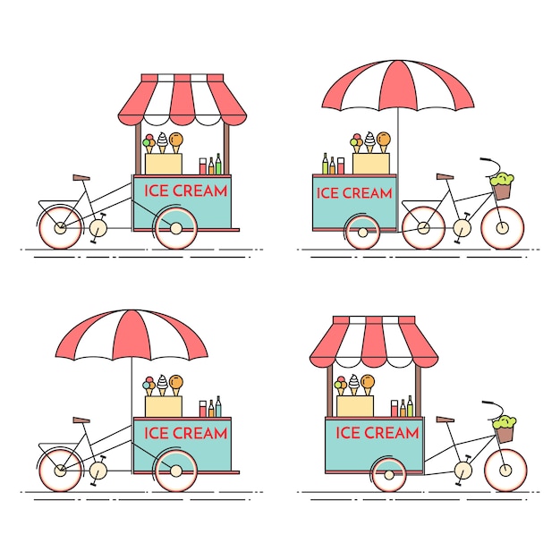 Set of ice cream bicycles. Cart on wheels. Food kiosk . Vector illustration. Flat line art. Elements for building, housing, real estate market, architecture design, property investment flyer, banner