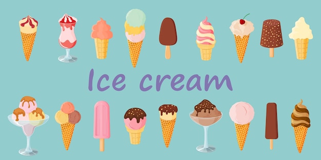 A set of ice cream on a blue background Sweet summer dessert Vector illustration