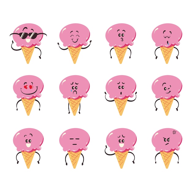 Set Ice Cream Cartoon Emojis Character Design - Vetorial 