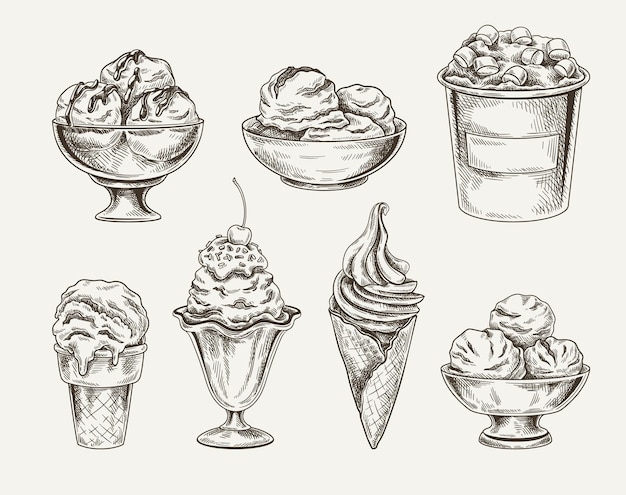 Set of ice cream sketches Balls served in different bowls and waffle cone Dessert and delicacy in summer and hot weather Vector hand drawn illustration in vintage style isolated on white background