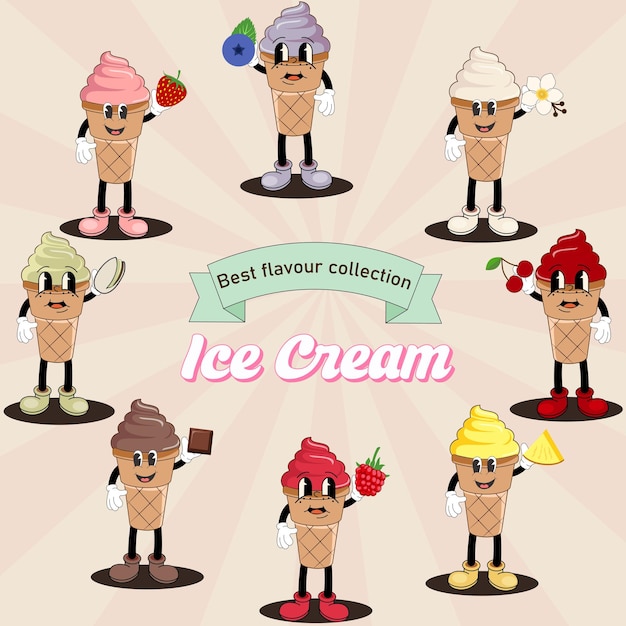 A set of ice creams in a cone with popular flavors Mascot character illustration of ice cream