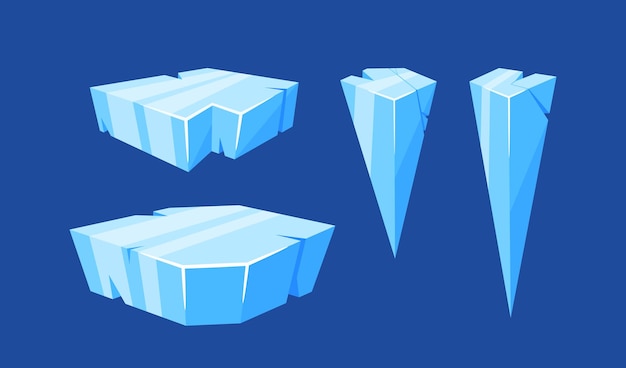 Set Of Ice Cubes And Crystals Blue Frozen Blocks Stalactites Icicles Iceberg Iced Floes Or Cave Stalagmite Elements