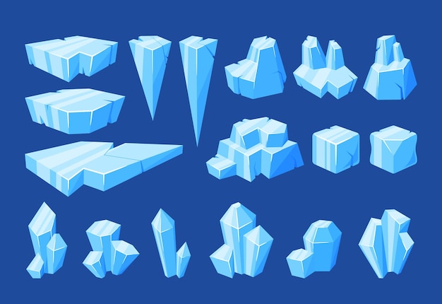 Set ice Pieces Icebergs Frozen Floe Blocks Blue Iced Snowdrift Caps Ice Lumps Or Cubes With Facets Slippery Surface