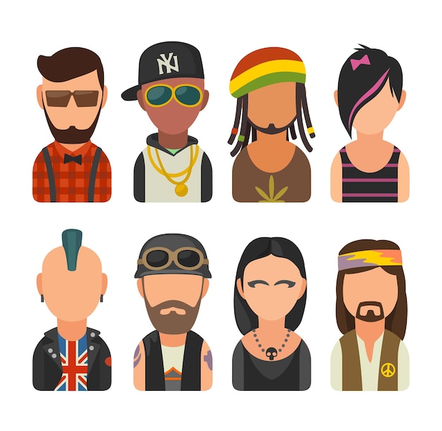 Vector set icon different subcultures people hipster raper emo rastafarian punk biker goth hippy vector flat illustration on white background