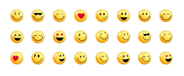 Set Icon Smile Emoji Realistic Yellow Glossy 3d EmotionsVector illustration