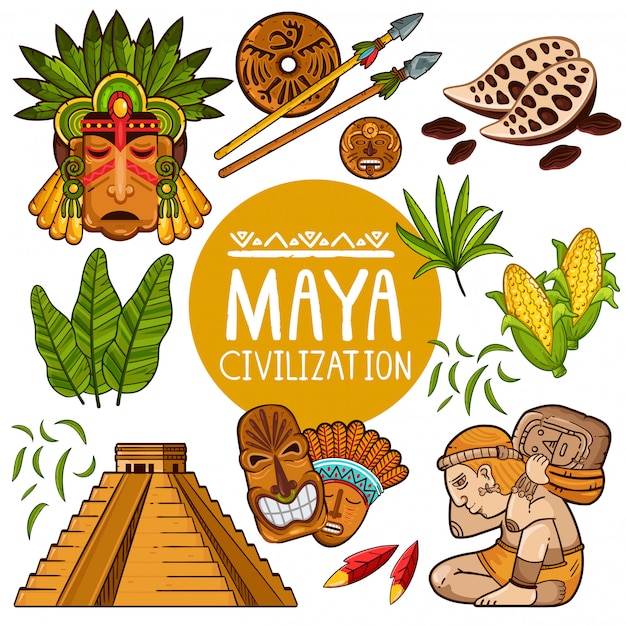 Set of icons for ancient Maya culture