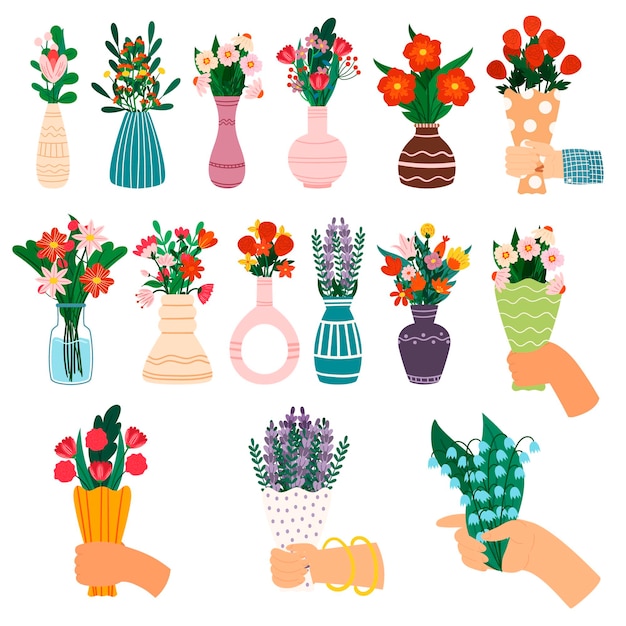 Set of Icons Beautiful Flower Bouquets Blossom Presents and Gifts Florist Design in Vases and Hands Hold Compositions