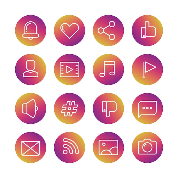 Set icons of bell, heart, thumb up, avatar profile, video player, musical note, flag, megaphone, hashtag, thumb down, speech bubble, envelope, rrss, photography and photo camera