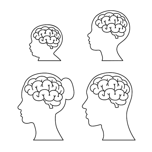 Set of icons, brain in human head, simple design. men, women, children and babies