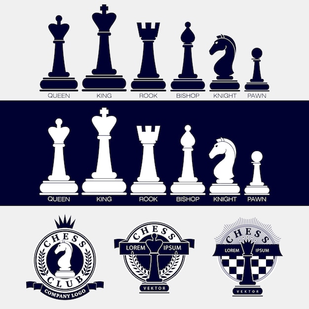 Set of icons of chess pieces and logos of chess clubs.