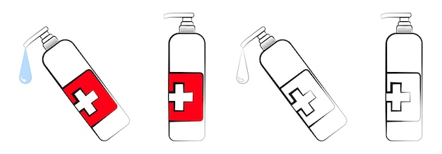 Set of icons colored and black and white bottle with liquid soap Disinfectant dispenser Maintaining hygiene in a pandemic and daily life Isolated vector on white background