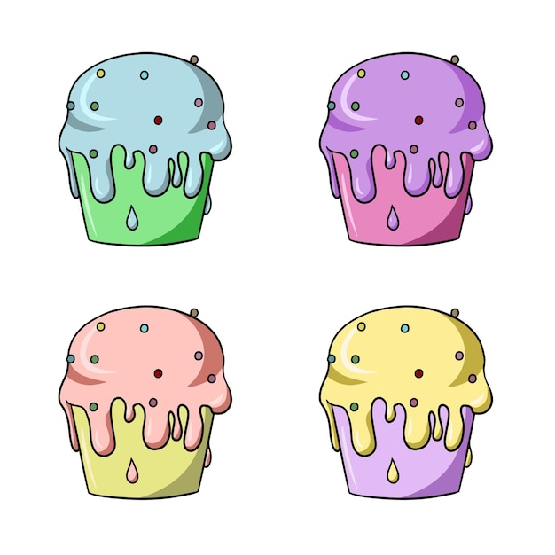 A set of icons a delicious cupcake poured with sweet delicate cream and sprinkled with sugar cartoon