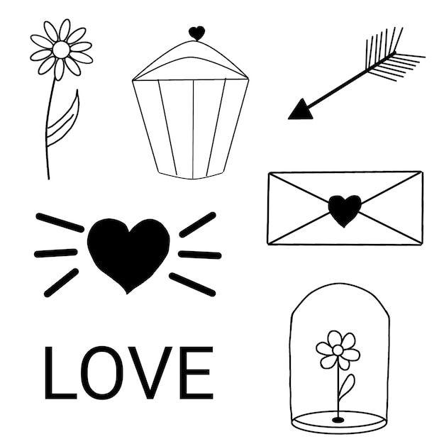 Set of icons in doodle style on a white background.Valentine's Day.