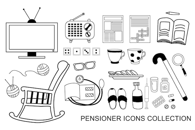 set of icons an elderly man Things for happy life activities for pensioner outline linear doodle