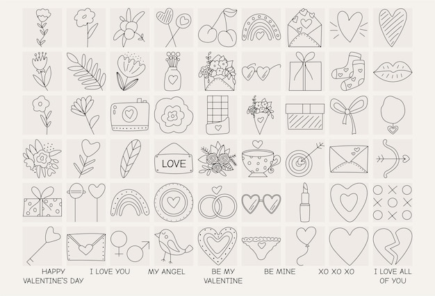 Set of icons elements for Valentine's day declarations of love and wedding doodles Design for prints