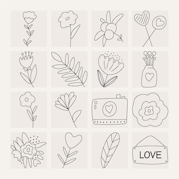 Set of icons elements for Valentine's day declarations of love and wedding doodles Hearts flowers