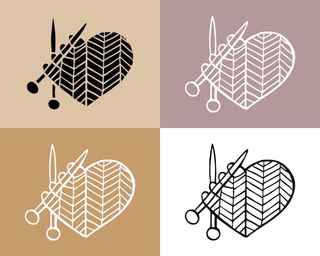 Set of icons for knitting, knitting needles and a knitted heart. Hobby concept, vector