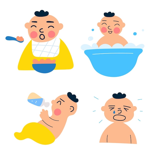 Set of icons of little babies. Feeding with spoon, baby crying, washing in bath Vector illustrations