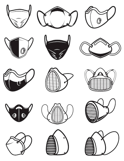 Set of icons of medical respiratory mask isolated on white background Wuhan coronavirus theme Design element for poster card banner sign Vector illustration