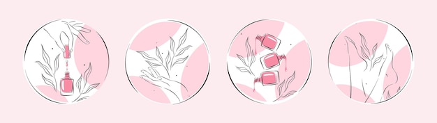 Set of icons for nail studio. Nail polish, nail brush, manicured female hands and legs.