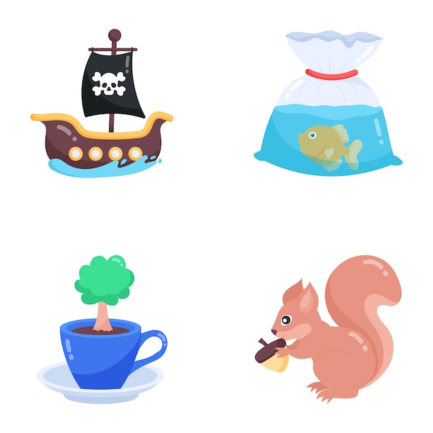 A set of icons for a pirate ship and a tree with a squirrel on it.