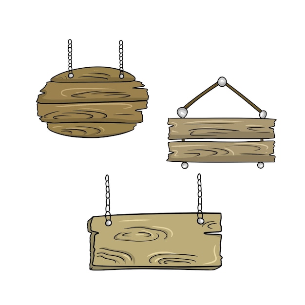 Vector a set of icons various brown wooden signs on a chain a stand for advertising vector cartoon