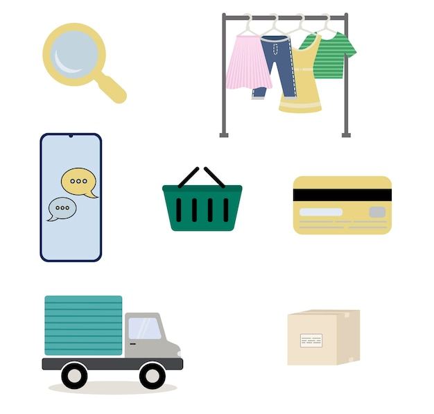 Set of icons on white background buying clothes on Internet from smartphone