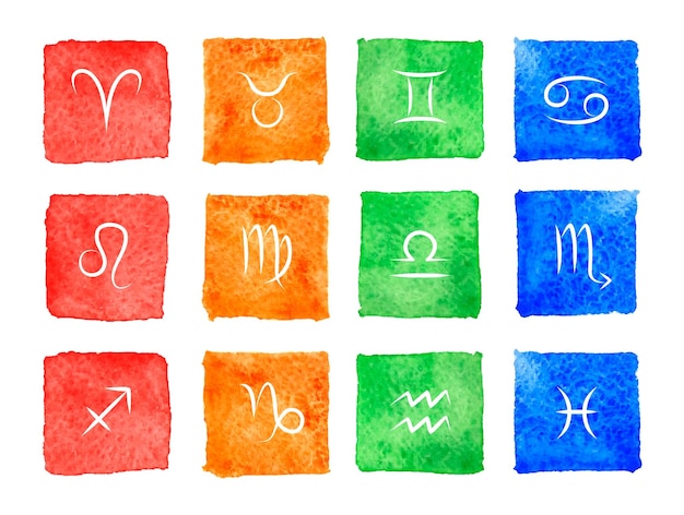 Set of icons with astrological zodiac signs on watercolor background