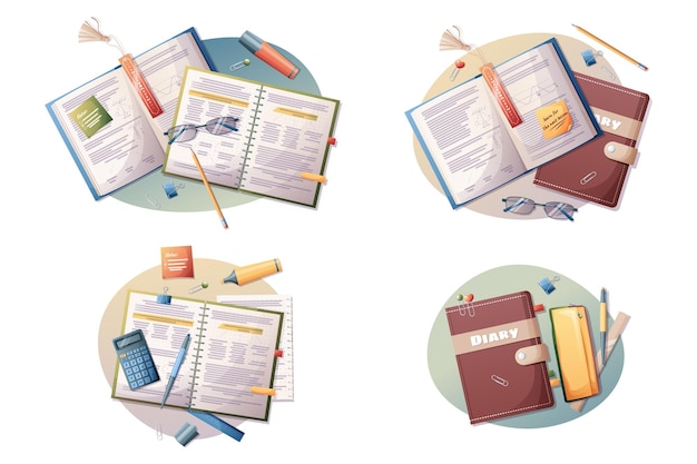 Set of icons with books textbooks diaries and stationery Illustration for school office education