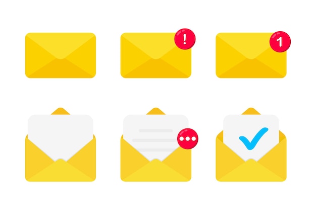 Set of icons with a mail envelope with different signs Email notification Email marketing New incoming message spam Delivery of correspondence or office documents in an envelope