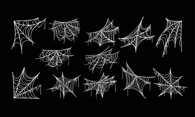 Vector a set of illustrated spider webs isolated on black background vector