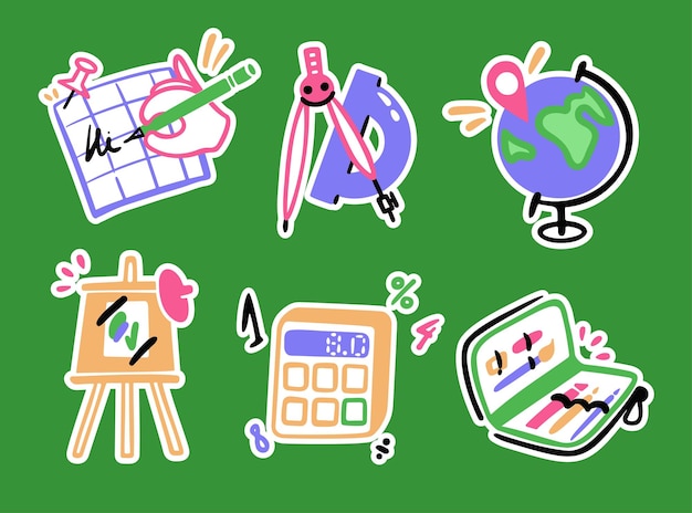 Set illustration about school, study, lessons. Vector cute stickers. Note, globe, compass