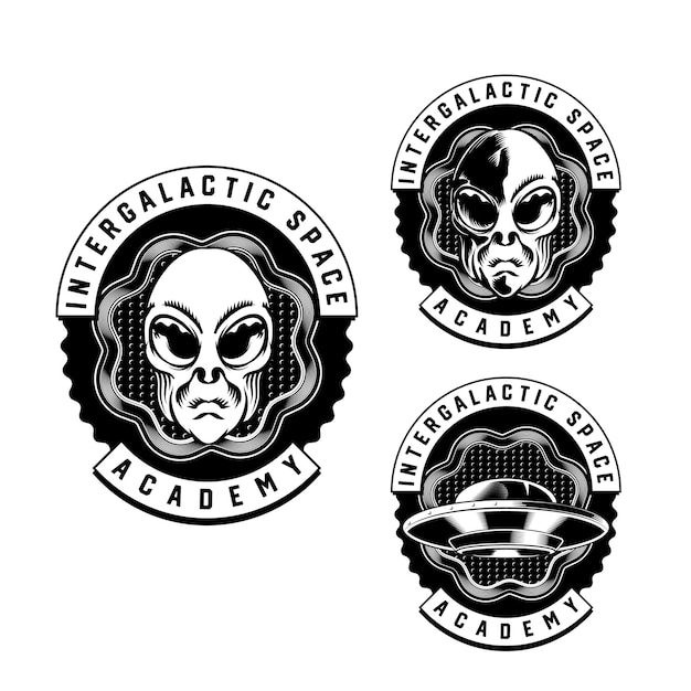 Vector set illustration of alien badge emblem head for logo badge design vector element