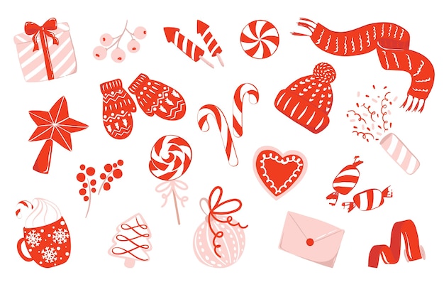 Set of illustration for christmas with candies, berries, ornaments, knit clothes in red, white and pin colors. Celebration concept. Festive clipart. Isolated new year and christmas drawings