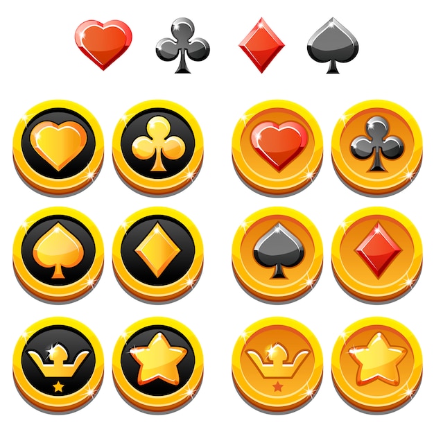 set illustration of gold icons and coins of playings cards, isolated