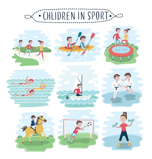  set of illustration of kids playing various sports on white