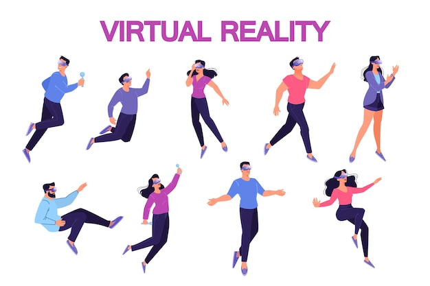 Set of  illustration of people using a glasses of virtual reality. Concept of vr technology for education and game simulation. Futurisic way of entertainment.