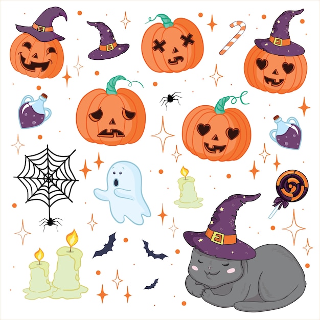 Set illustration of quirky fun retro Halloween